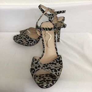 Nina Women Black Sparkly Silver Leopard Print Heel Sandals with Ankle Strap 7M